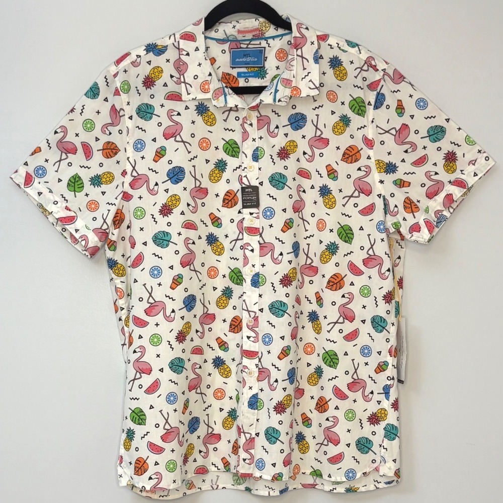 MTL Made To Live Slim Fit Flamingo Tropical Poplin Shirt Mens XL NWT
